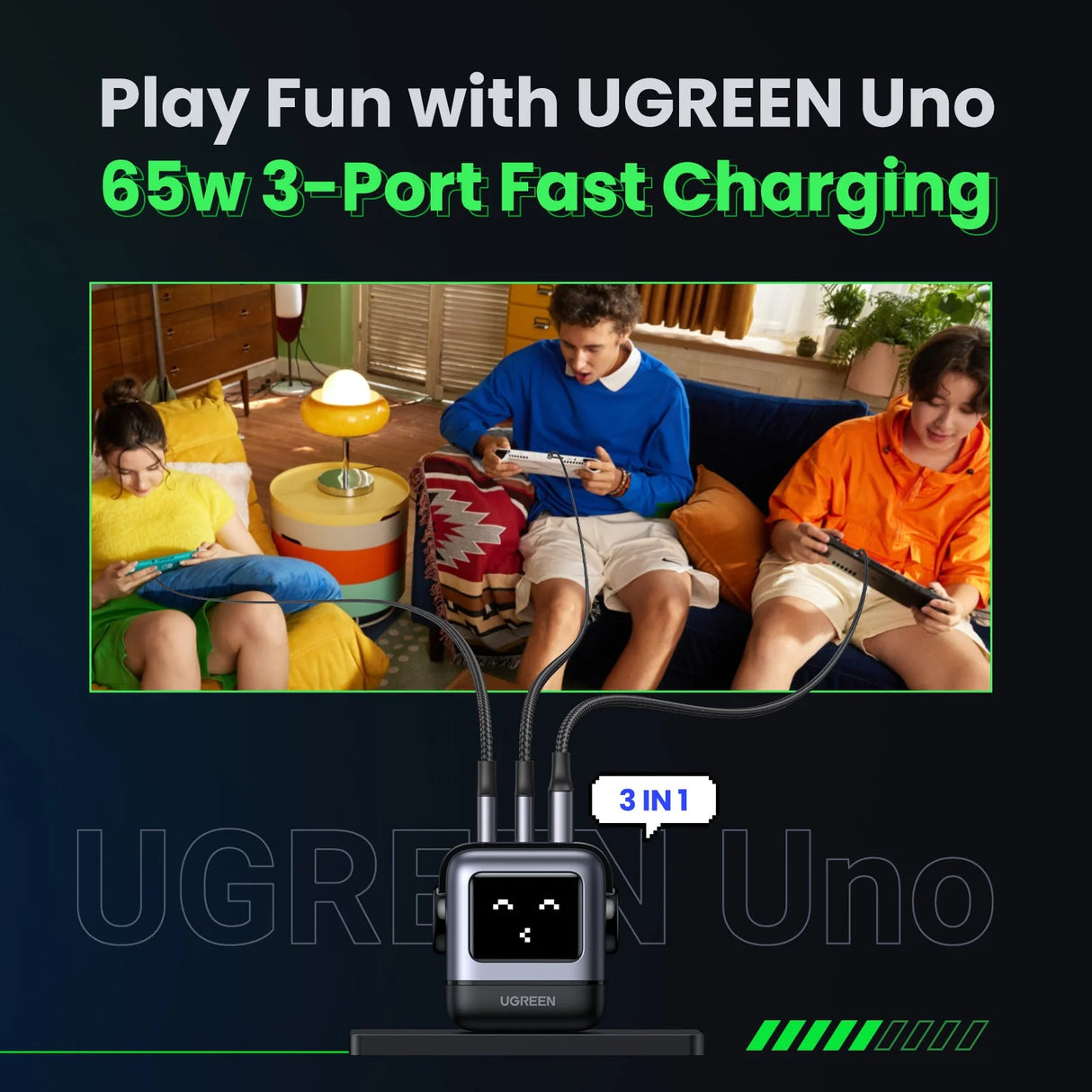 UGREEN Uno 65W Cargador USB-C 3 Puertos Robot GaN