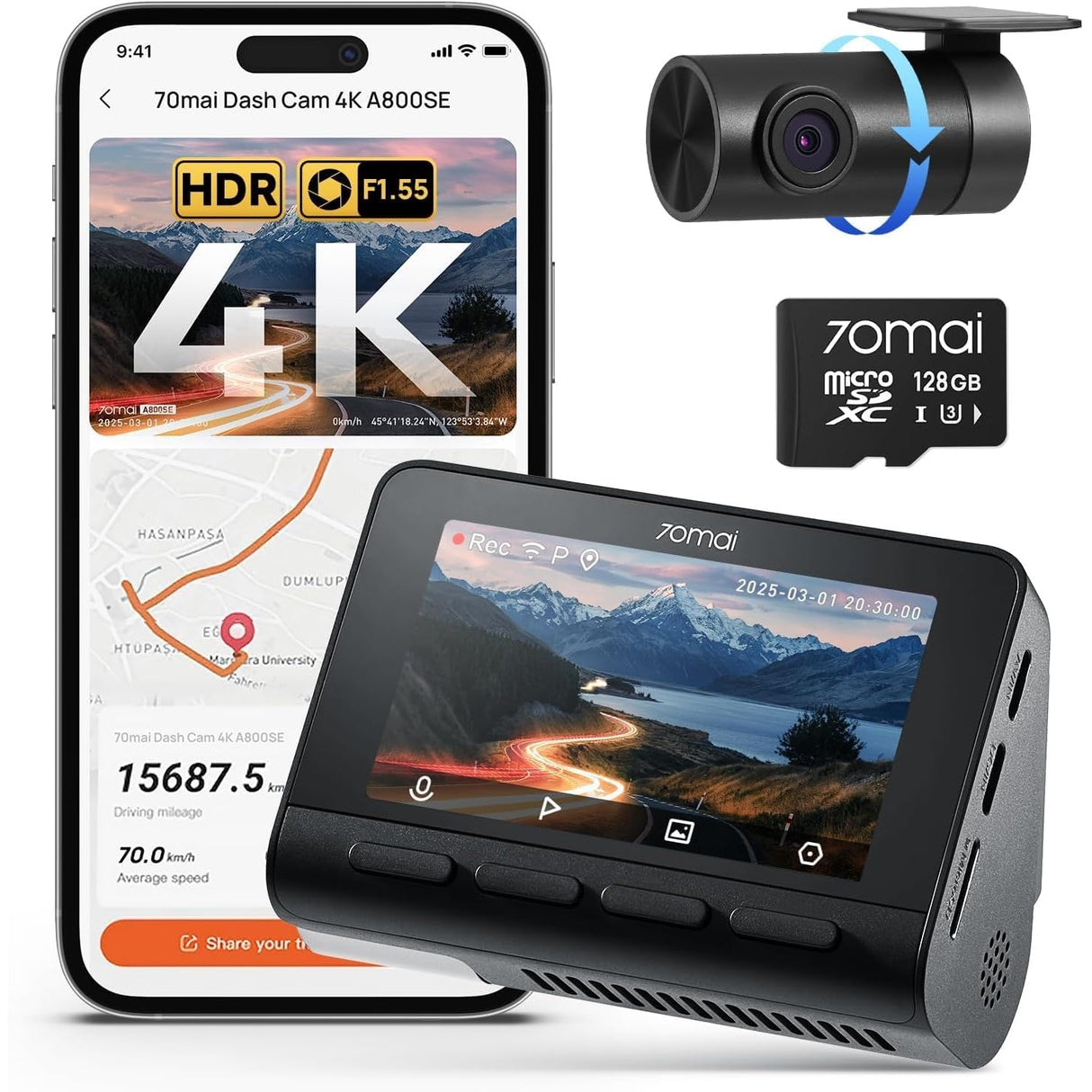 70mai Dash Cam 4K A800S Grabación Dual para Carro WiFi ADAS + Cámara Trasera RC06 + 128GB MicroSD