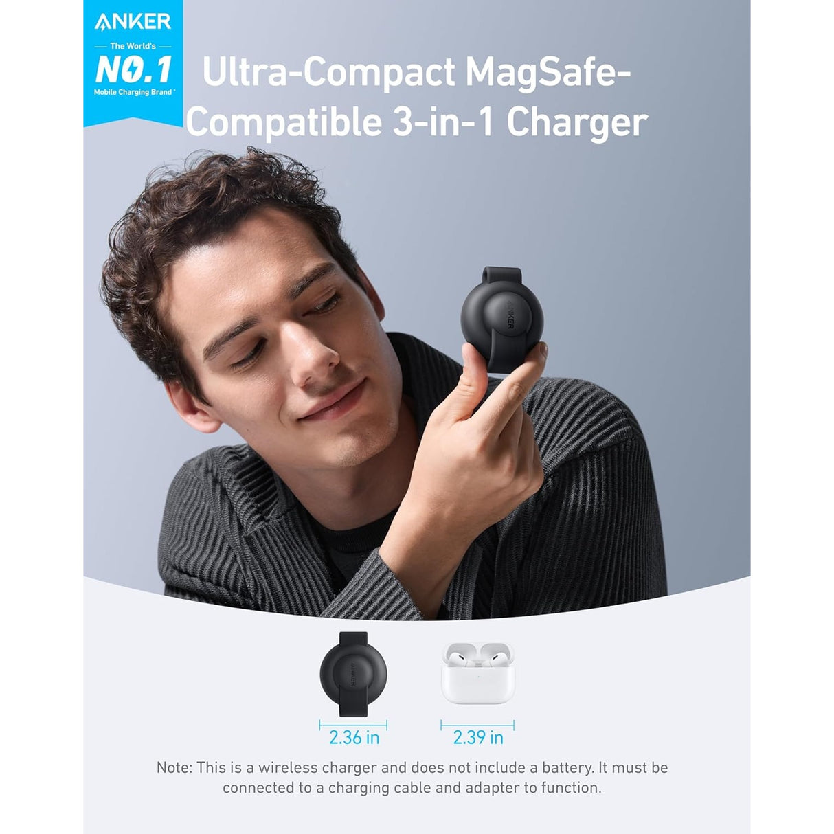 Anker MagGo Estación de Carga Inalámbrica MagSafe (3 en 1 pad plegable) Certificado 15W Qi2 con Adaptador y Cable