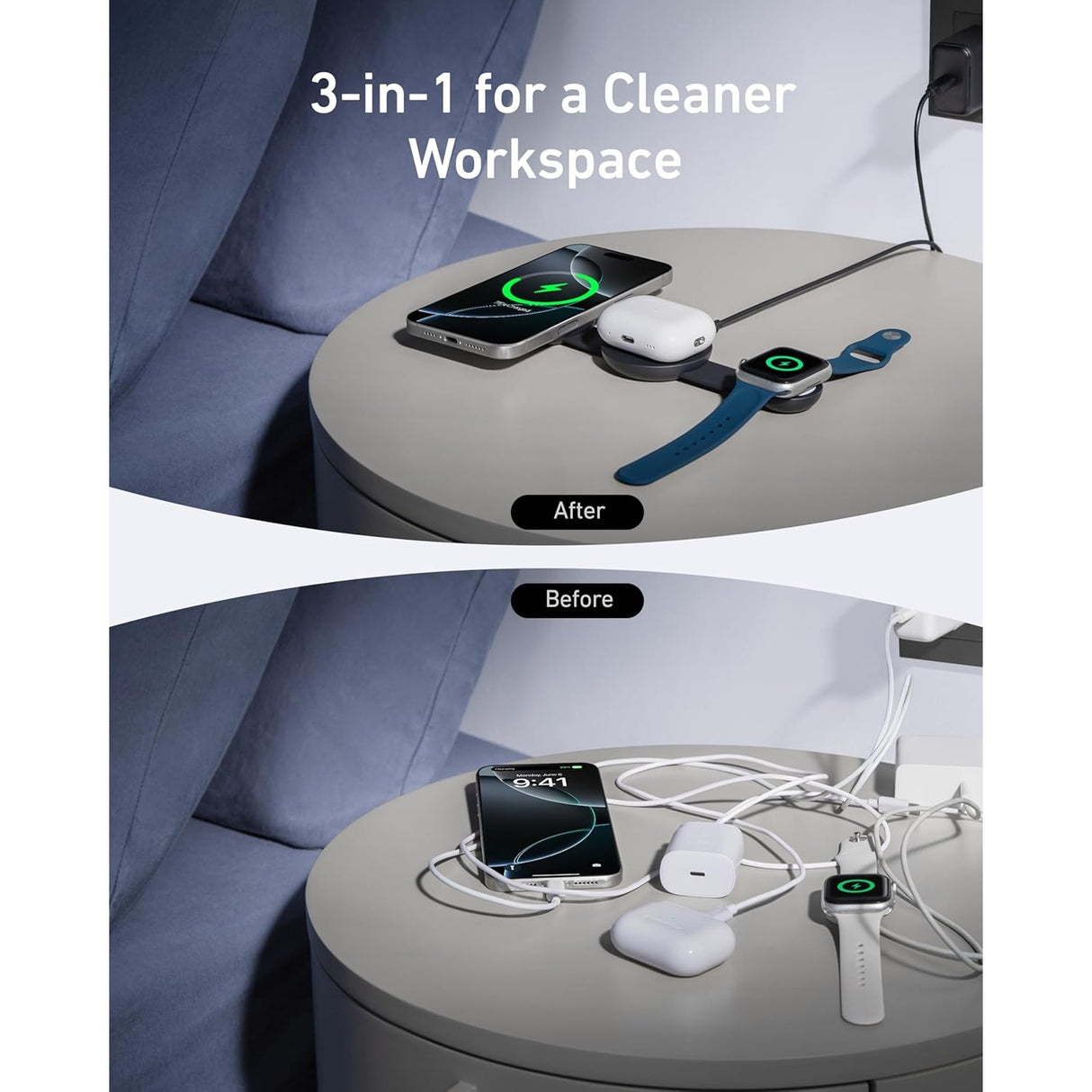 Anker MagGo Estación de Carga Inalámbrica MagSafe (3 en 1 pad plegable) Certificado 15W Qi2 con Adaptador y Cable
