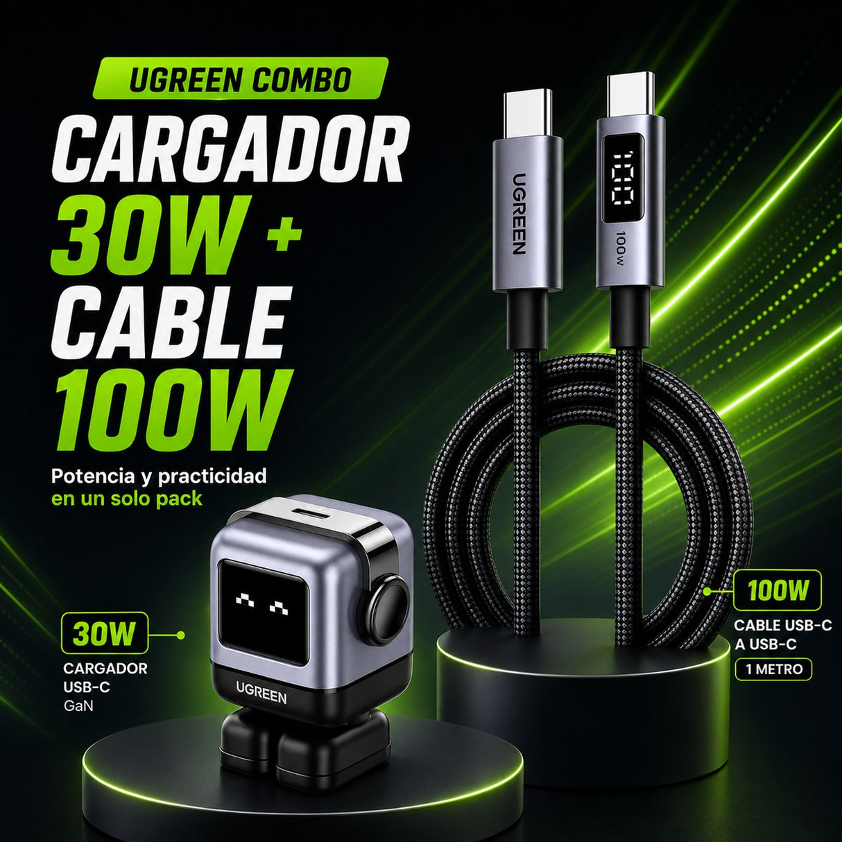 UGREEN Uno 30W Cargador Robot GaN + UGREEN Uno 100W Cable 1 Metro