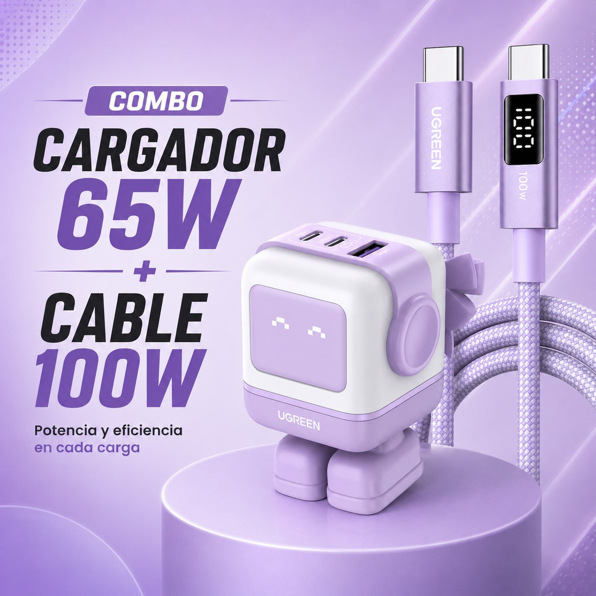 UGREEN Uno 65W Cargador 3 Puertos Robot GaN + UGREEN Uno 100W Cable 1 Metro