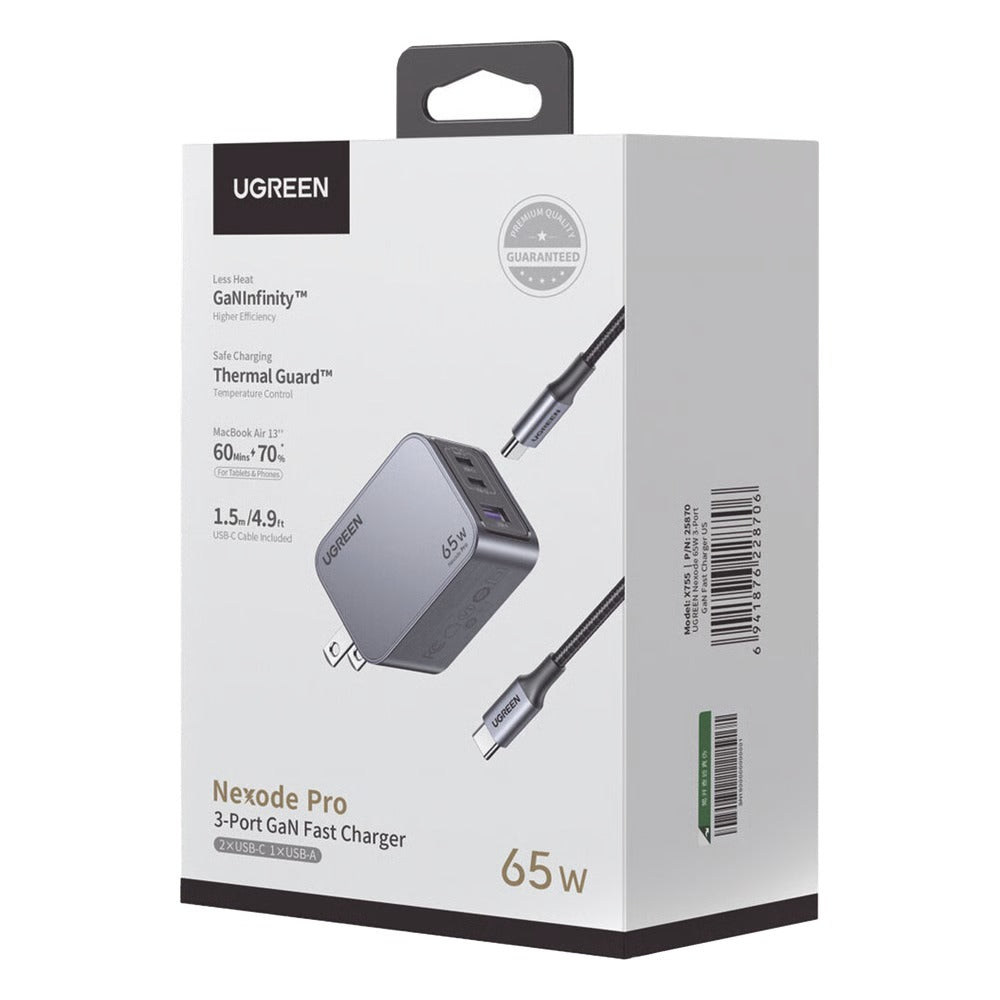 UGREEN 65W Nexode Pro 3 Puertos GaN Cargador Rápido con Cable USB-C 1.5 Metros