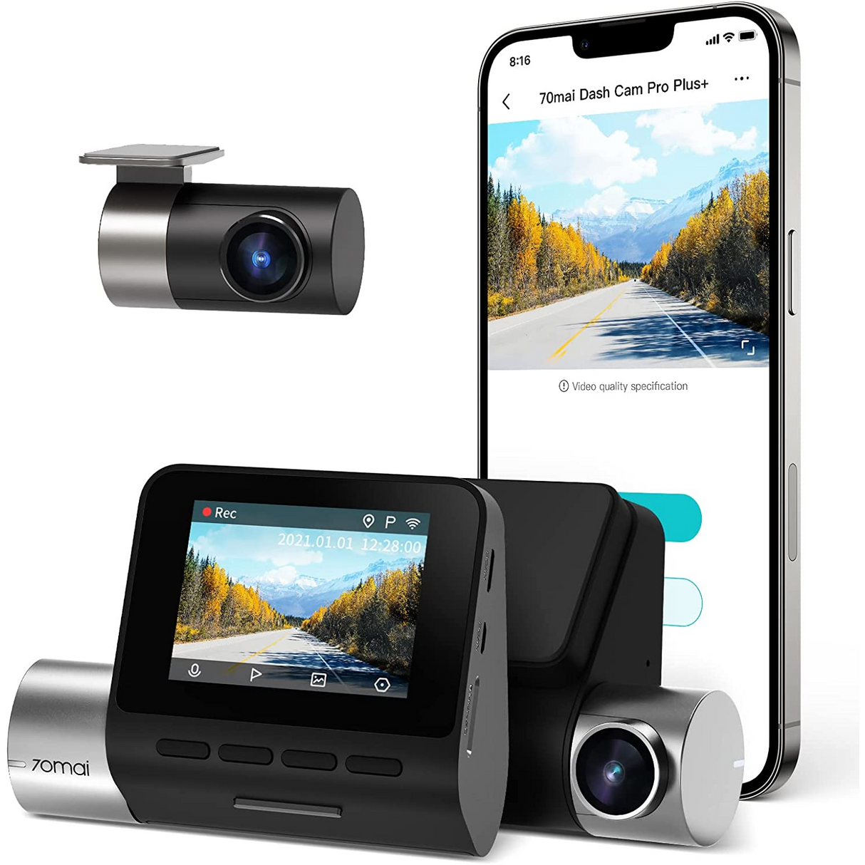 70mai Dash Cam Pro Plus+ A500S 2.7K Cámara Frontal + Trasera para Carro con WiFi y GPS integrado