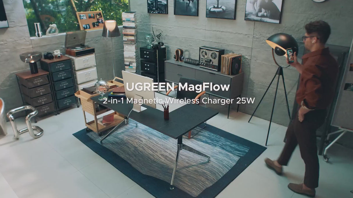 UGREEN Qi2 25W MagFlow 2 en 1 Cargador MagSafe Inalámbrico para iPhone 12 al 17 y AirPods