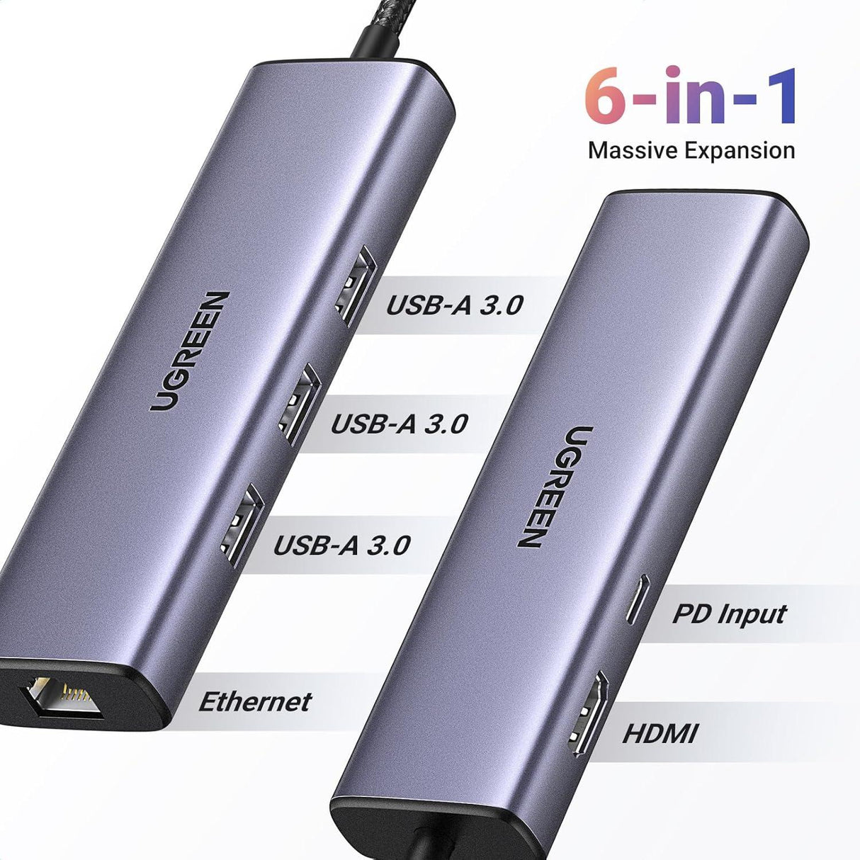 UGREEN Revodok Hub 6 en 1 Multipuerto USB-C Gigabit Ethernet, 4K HDMI, PD 100W, USB-A