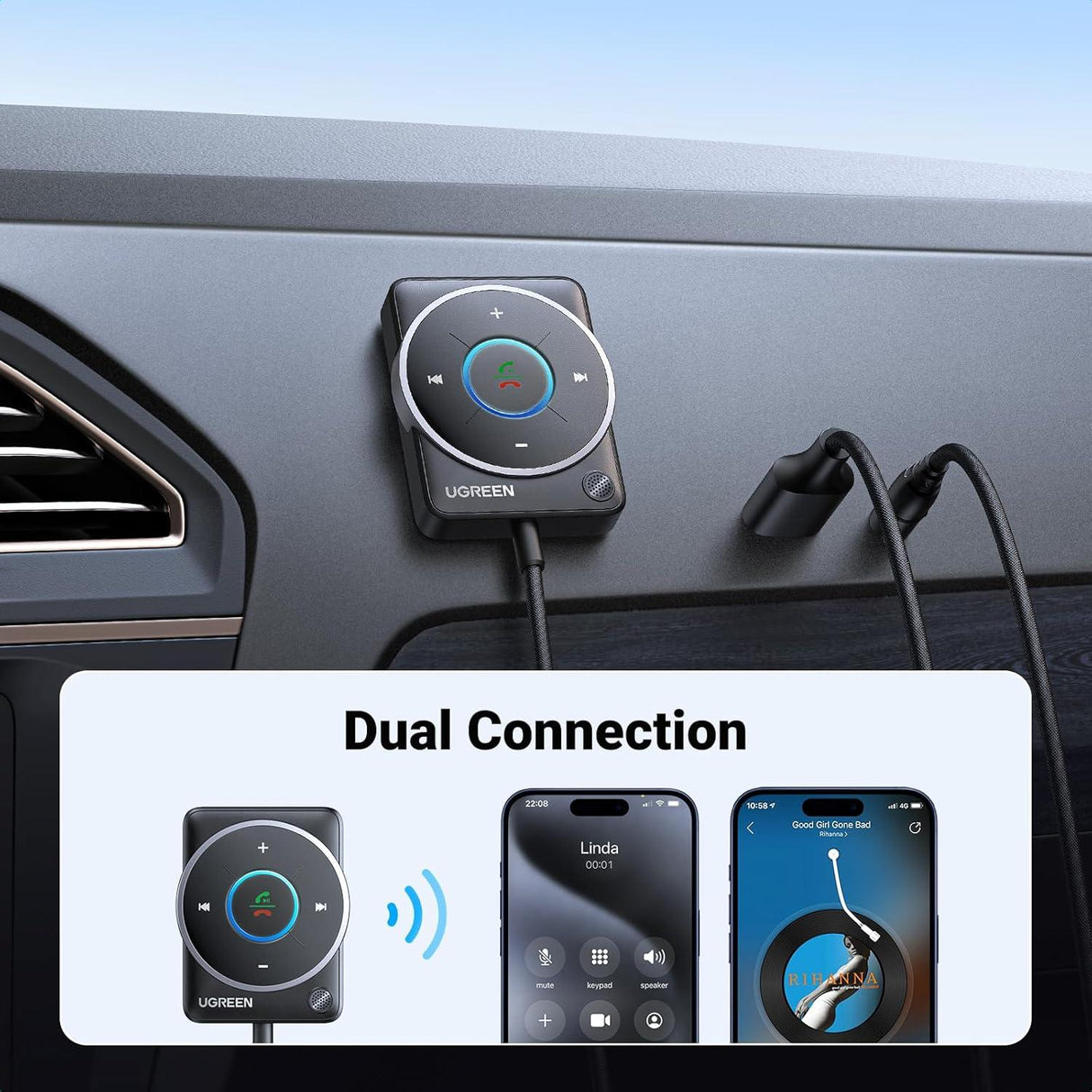 UGREEN Adaptador Bluetooth 5.4 para Carro Receptor con Controles
