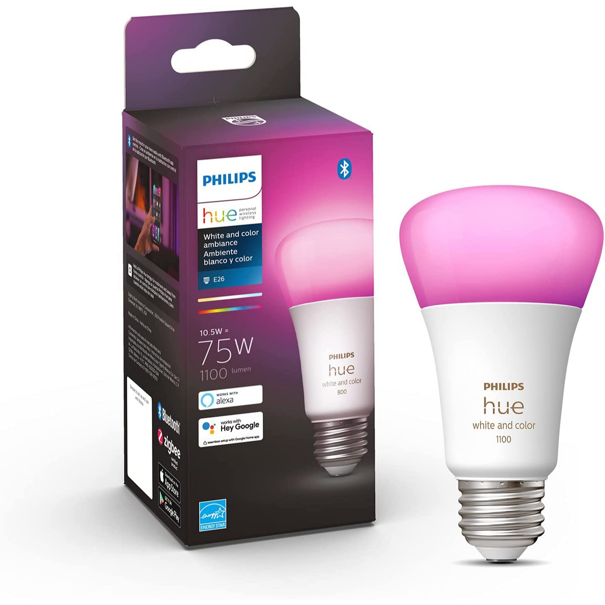 Philips Hue White and Color A19 1100 Lúmenes Bluetooth & Zigbee (Hue Hub Opcional) Funciona con Alexa y Google