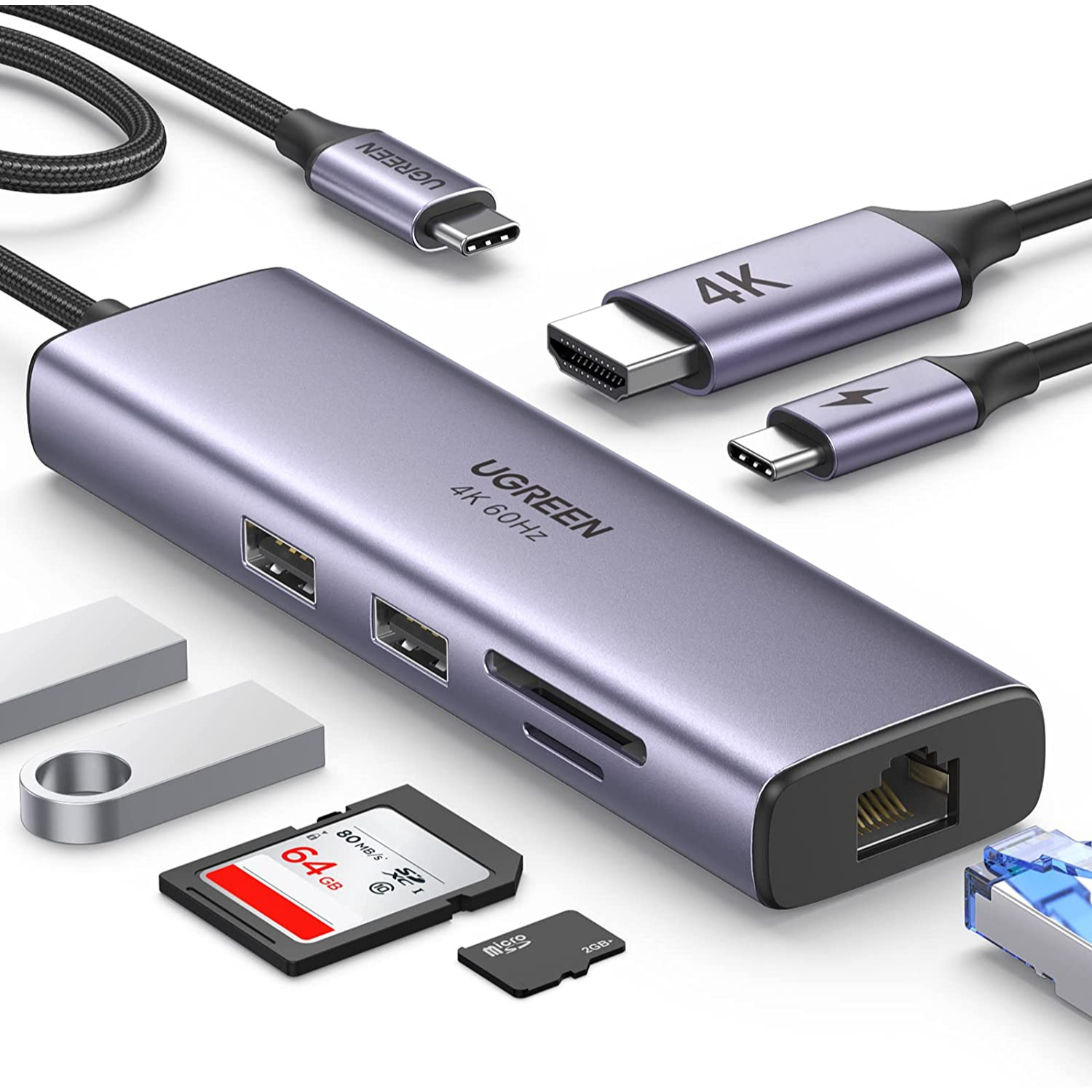 UGREEN Adaptador Multipuerto 7 en 1 HUB USB-C con puerto Ethernet, HDMI 4K a 60Hz, 100W PD, lector de tarjetas SD/TF, 2 puertos USB 3.0, compatible con Mac M1, M2, iPad, Steam Deck