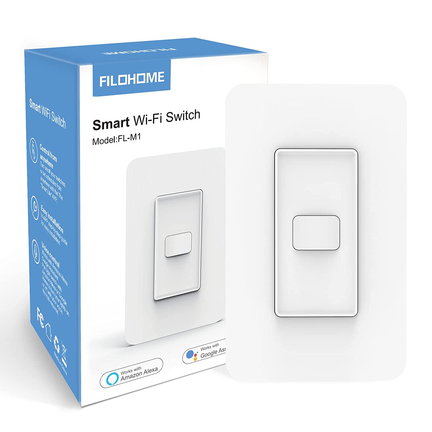 Filohome Interruptor de luz inteligente compatible con Alexa y Google Assistant, Wi-Fi de 2.4 GHz