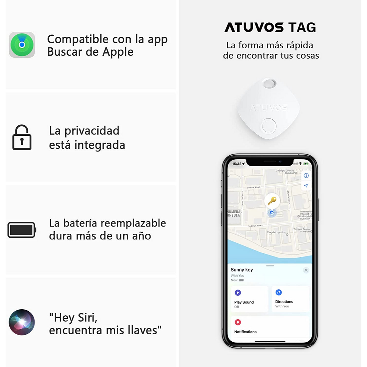 ATUVOS Tag Localizador con Apple Find My (solo iOS) Rastreador Impermeable Bluetooth Inteligente