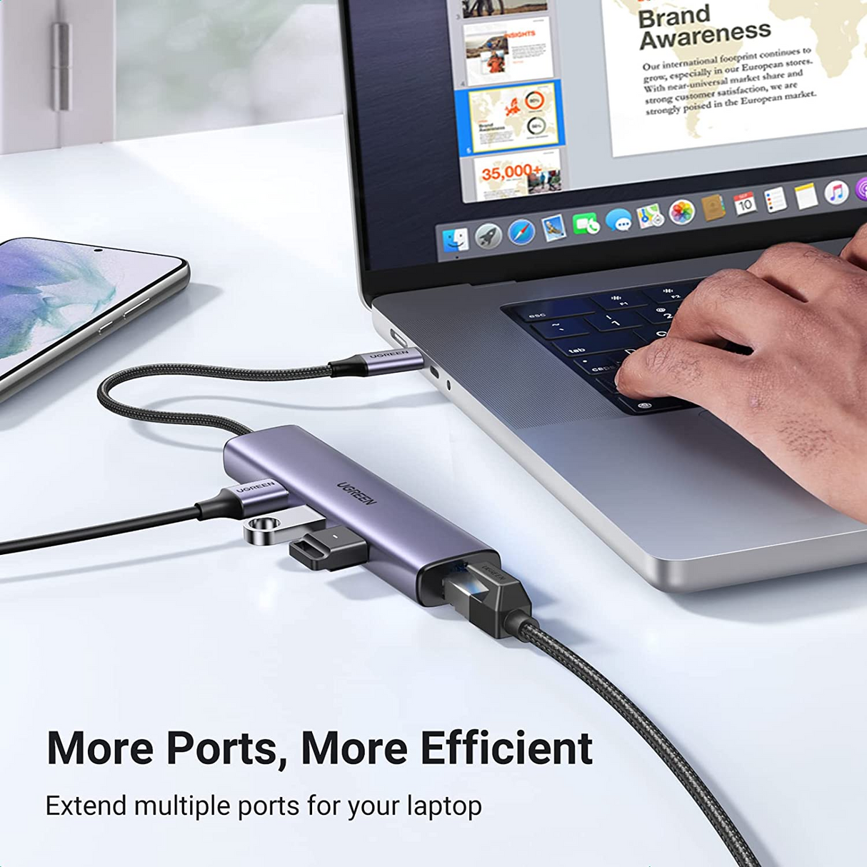 UGREEN Adaptador Multipuerto 4 en 1 HUB USB-C con puerto Ethernet y 3 USB 3.0 compatible con MacBook Pro Air, iMac, iPad, Galaxy S23 S22, Surface Book, Dell XPS, Chromebook