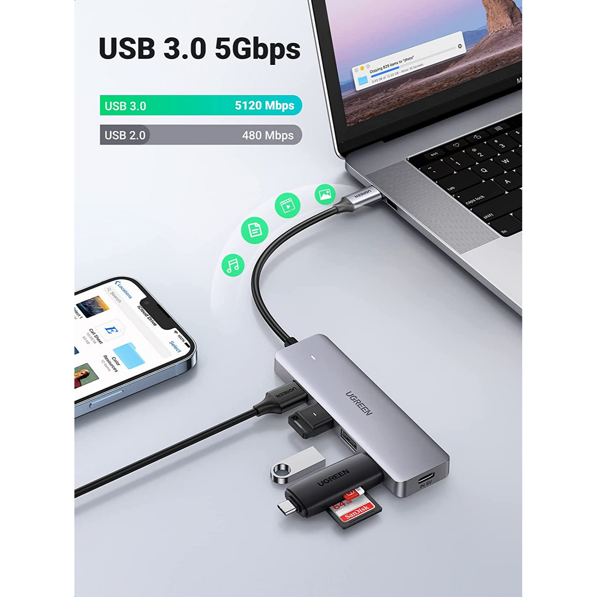 UGREEN USB-C Hub 4 Puertos USB 3.0 para MacBook Pro, iMac, Samsung S21 S20, LG, Google Chromebook Pixelbook, Dell XPS, Etc