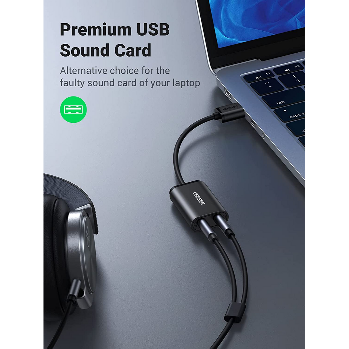 UGREEN Adaptador de audio USB con tarjeta de sonido estéreo externa, auriculares de 3,5 mm y micrófono para Windows, Mac, Linux, PC, laptops, PS4