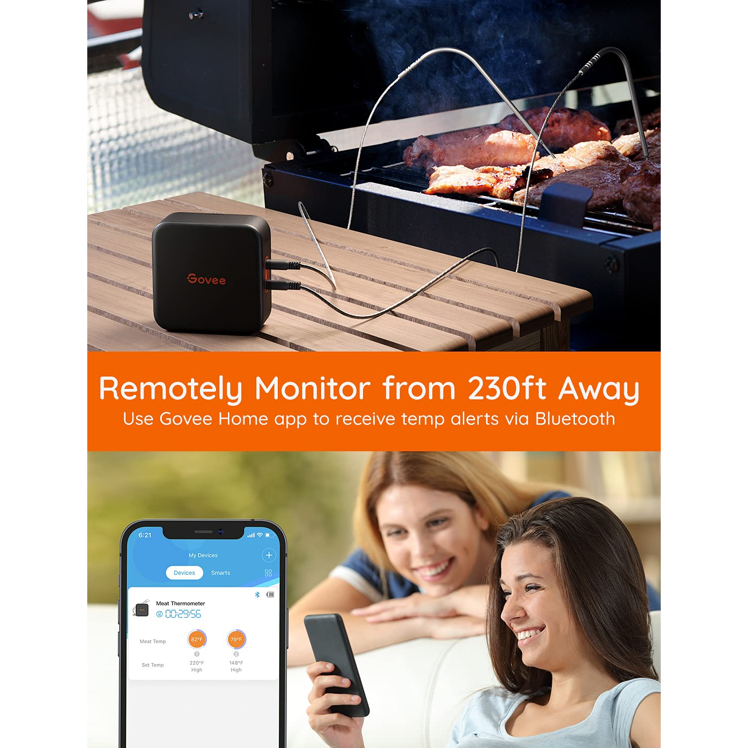 Govee Smart Meat Termómetro Inteligente para Carnes Ahumador Monitor Remoto Bluetooth 70 metros con 2 Sondas