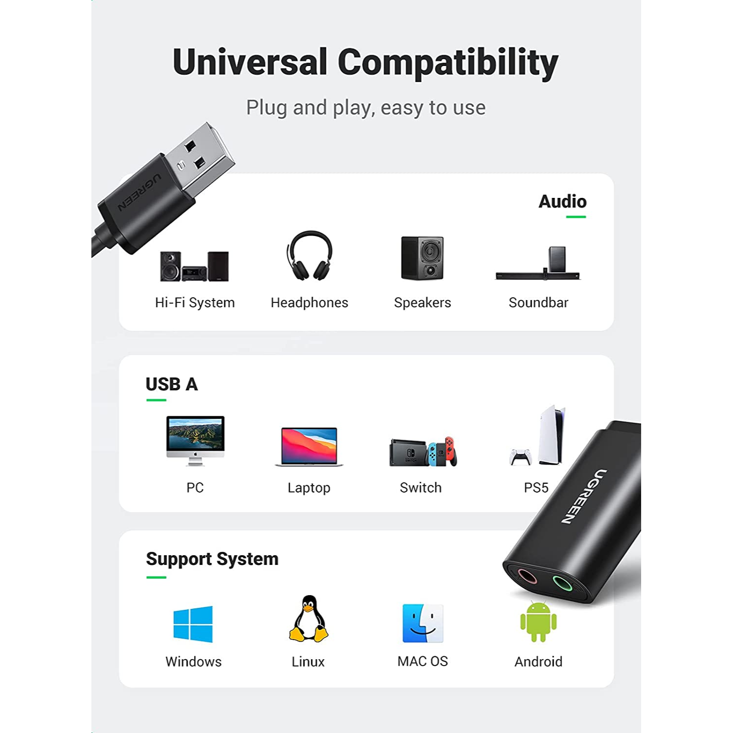 UGREEN Adaptador de audio USB con tarjeta de sonido estéreo externa, auriculares de 3,5 mm y micrófono para Windows, Mac, Linux, PC, laptops, PS4