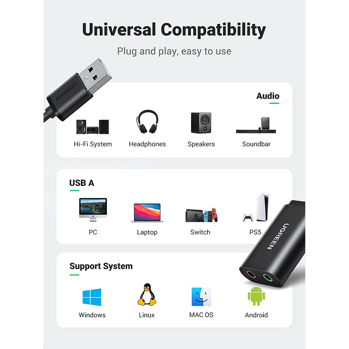 UGREEN Adaptador de audio USB con tarjeta de sonido estéreo externa, auriculares de 3,5 mm y micrófono para Windows, Mac, Linux, PC, laptops, PS4