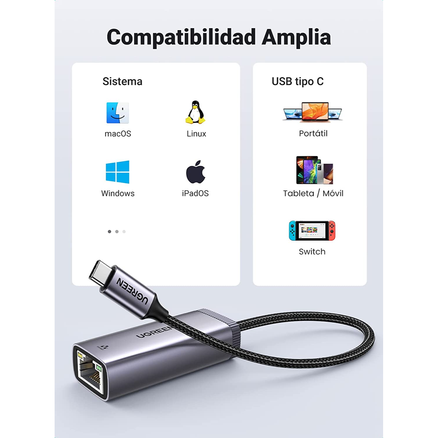 UGREEN Adaptador USB-C a Ethernet Gigabit Compatible con MacBook Pro Air iPad Pro Air Surface Go Galaxy S22 Xiaomi Mi12