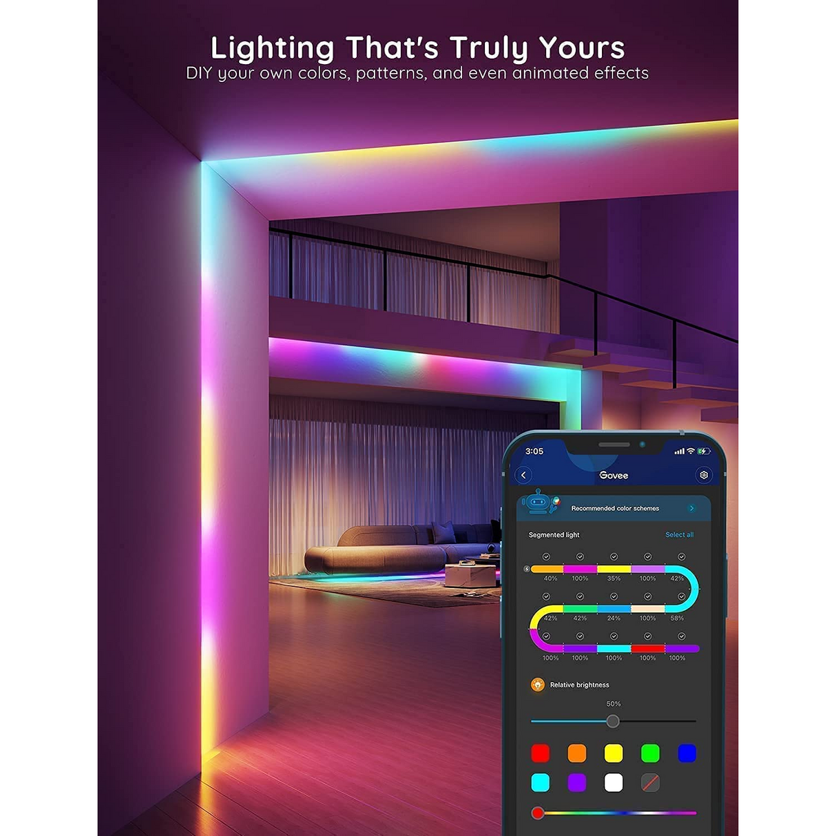 Govee Tira LED 20 Metros Luces RGBIC Arcoíris Segmentos de Color WiFi Inteligente Alexa y Google Assistant