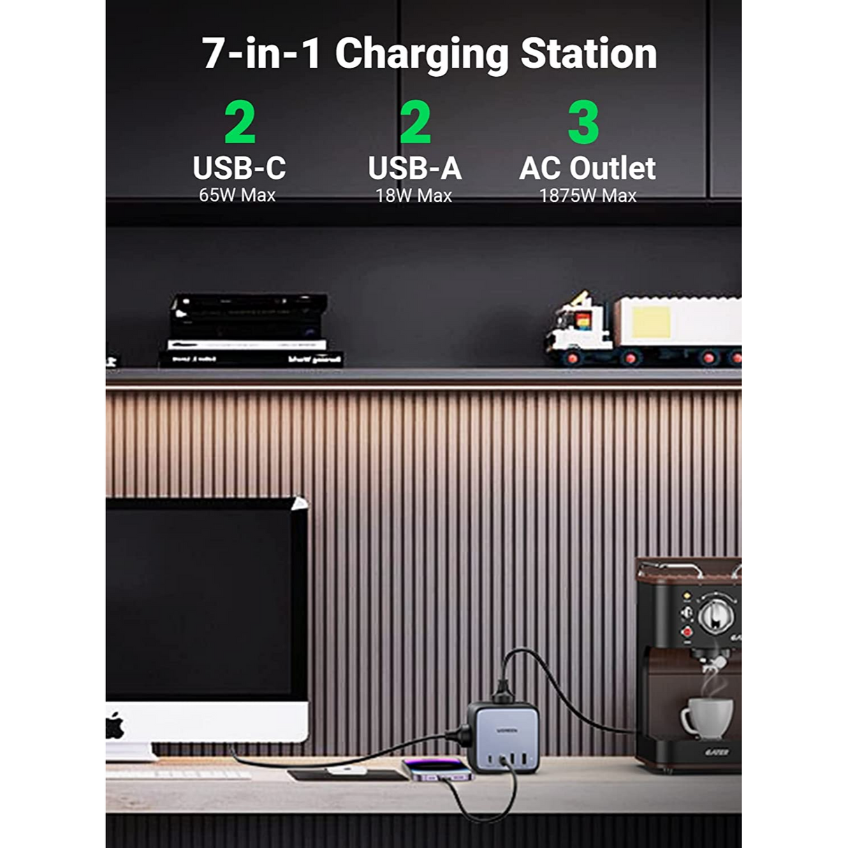 UGREEN 65W Estación de Carga DigiNest Cube GaN 7 en 1 con 3 salidas de CA, 2 USB-C, 2 USB-A, extensión de 2 metros, Compatible con iPhone iPad MacBook