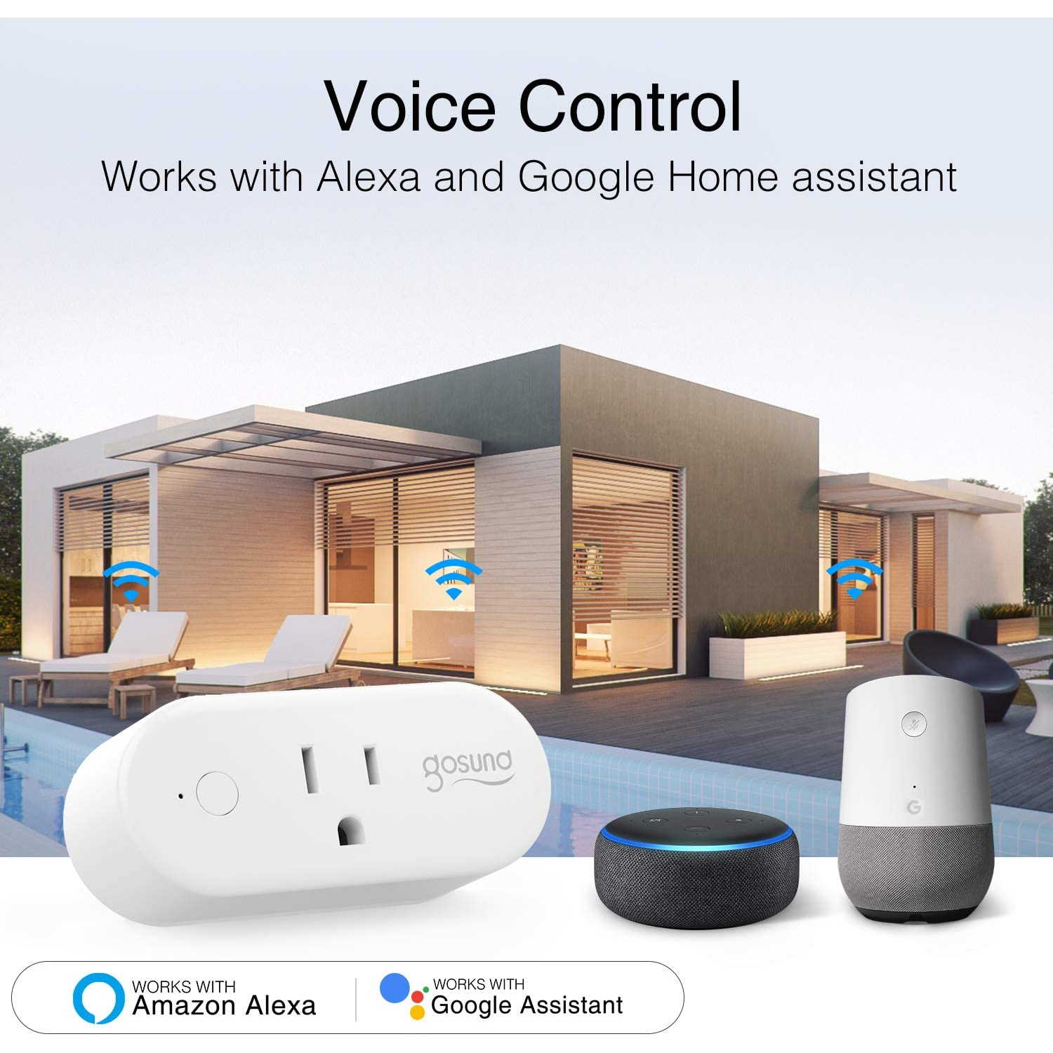Doble enchufe inteligente de 15A, extensión de toma, WiFi y Bluetooth,  funciona con Alexa, Google Home Assistant, control remoto con temporizador,  no