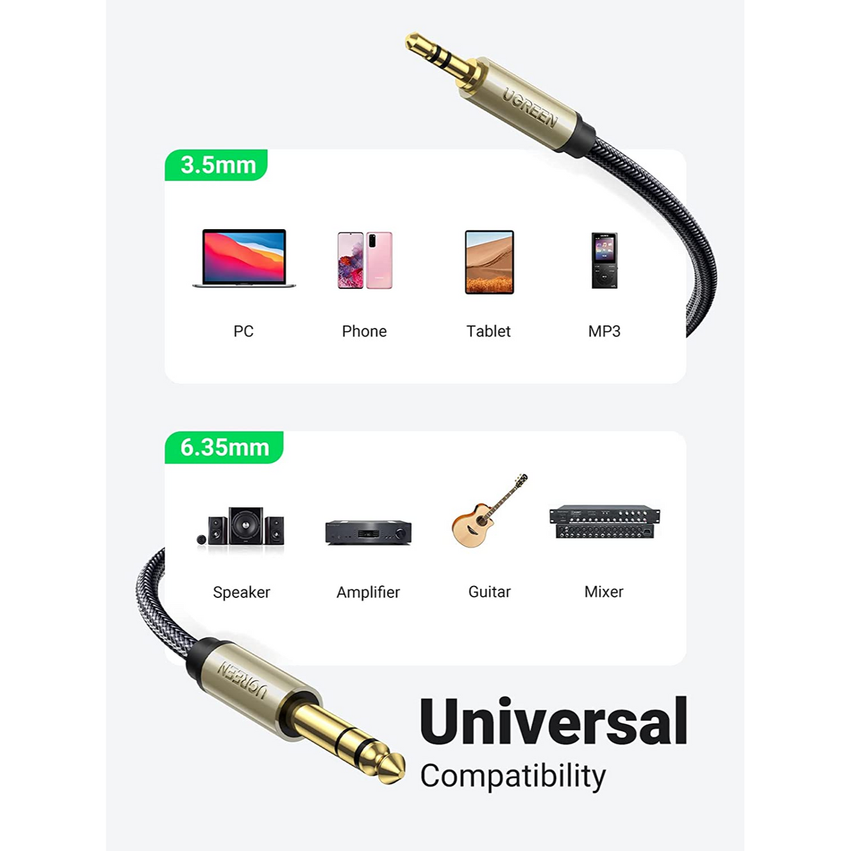 UGREEN Cable de Audio Estéreo 3.5mm a 1/4 Alta Calidad Compatible con iPod, computadora portátil, dispositivos de cine en casa y amplificadores 2 Metros