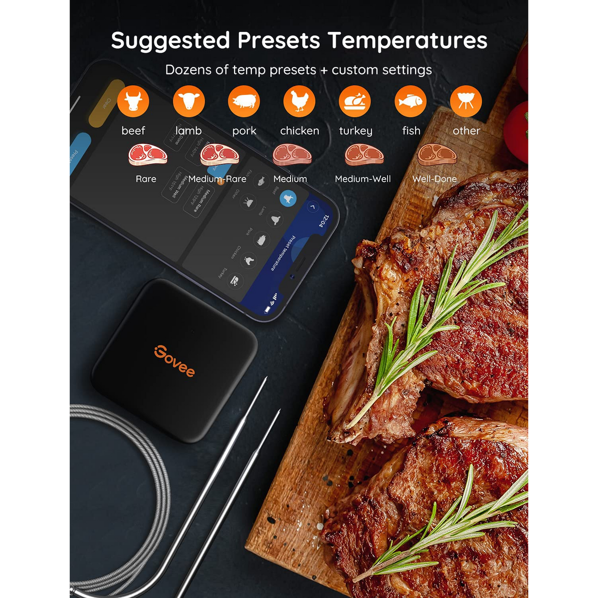 Govee Smart Meat Termómetro Inteligente para Carnes Ahumador Monitor Remoto Bluetooth 70 metros con 2 Sondas