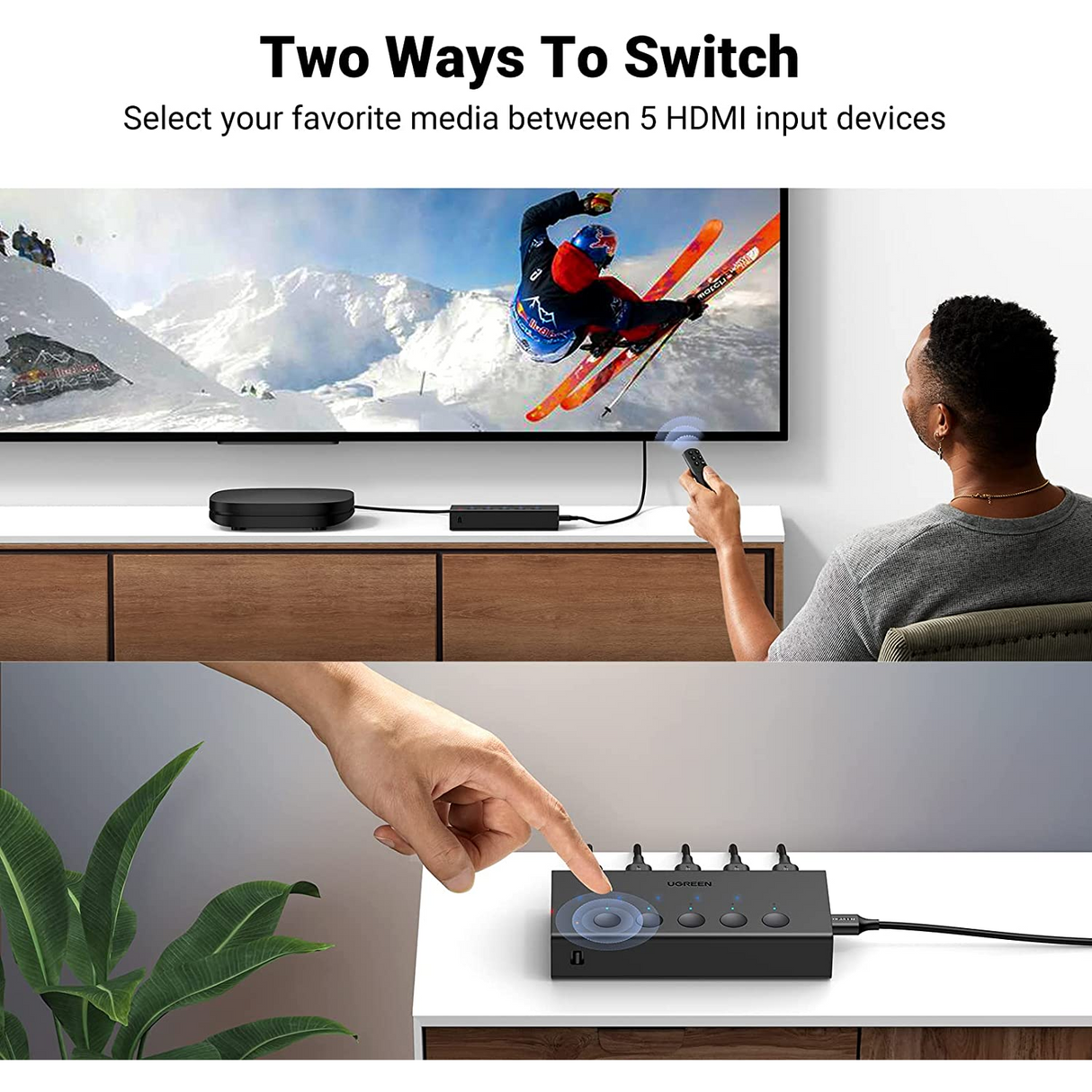 UGREEN Switch HDMI 5 en 1 Salida 4K 60Hz con Control Remoto, compatible con 3D CEC HDR HDCP2.2