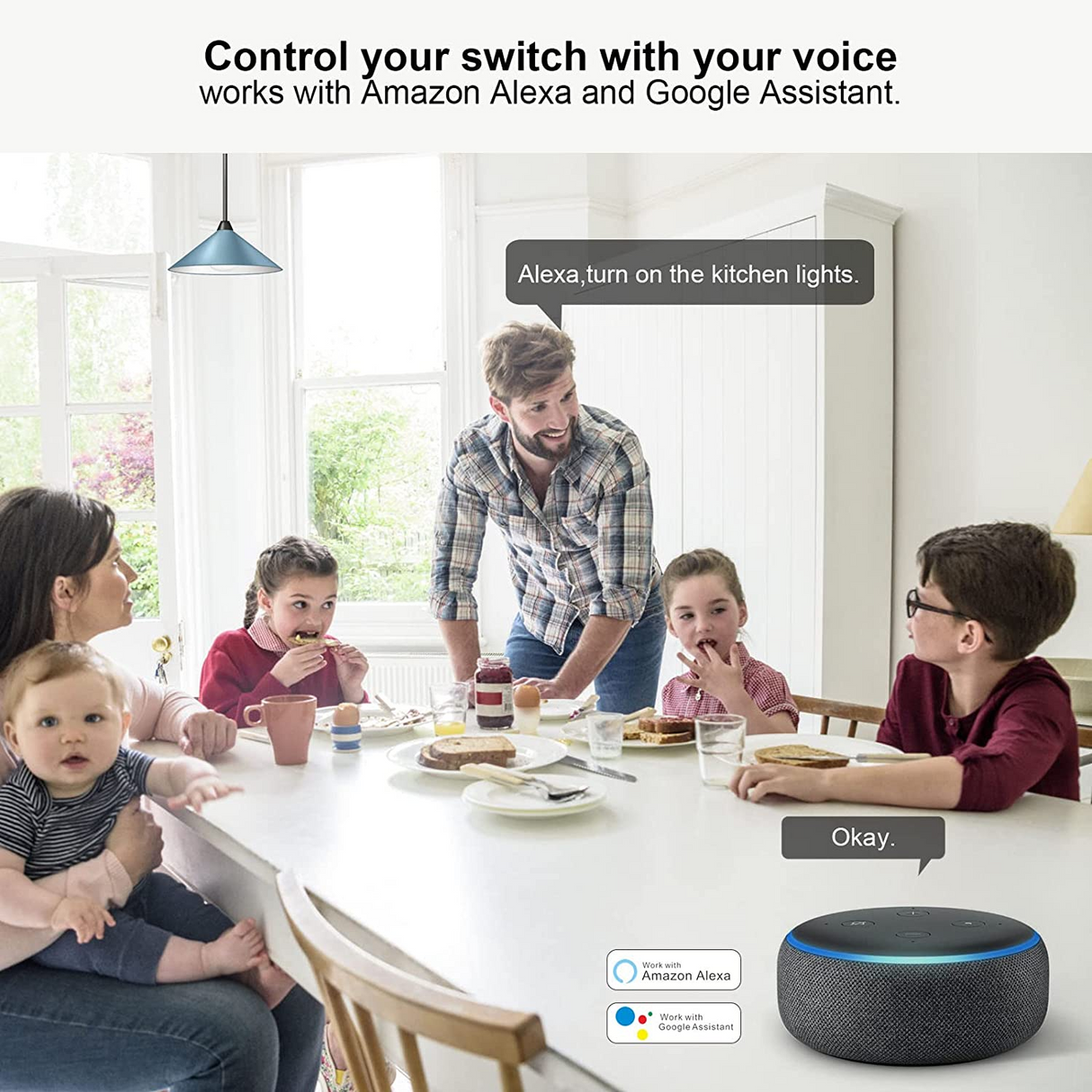 Filohome Interruptor Doble de luz inteligente compatible con Alexa y Google Assistant, Wi-Fi de 2.4 GHz