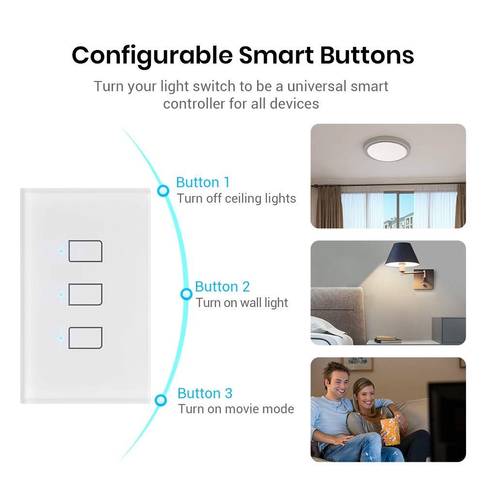 BroadLink Interruptor Doble Inteligente Táctil, No Requiere Neutro o Condensador, compatible con Alexa, Google e IFTTT, requiere HUB