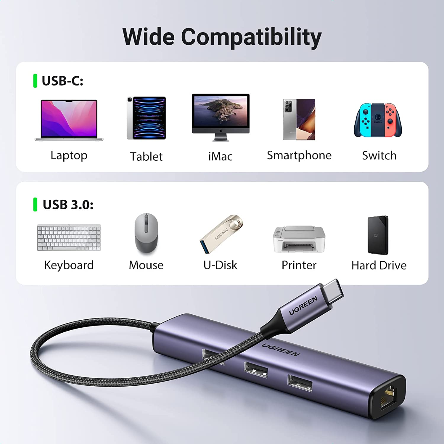 UGREEN Adaptador Multipuerto 4 en 1 HUB USB-C con puerto Ethernet y 3 USB 3.0 compatible con MacBook Pro Air, iMac, iPad, Galaxy S23 S22, Surface Book, Dell XPS, Chromebook