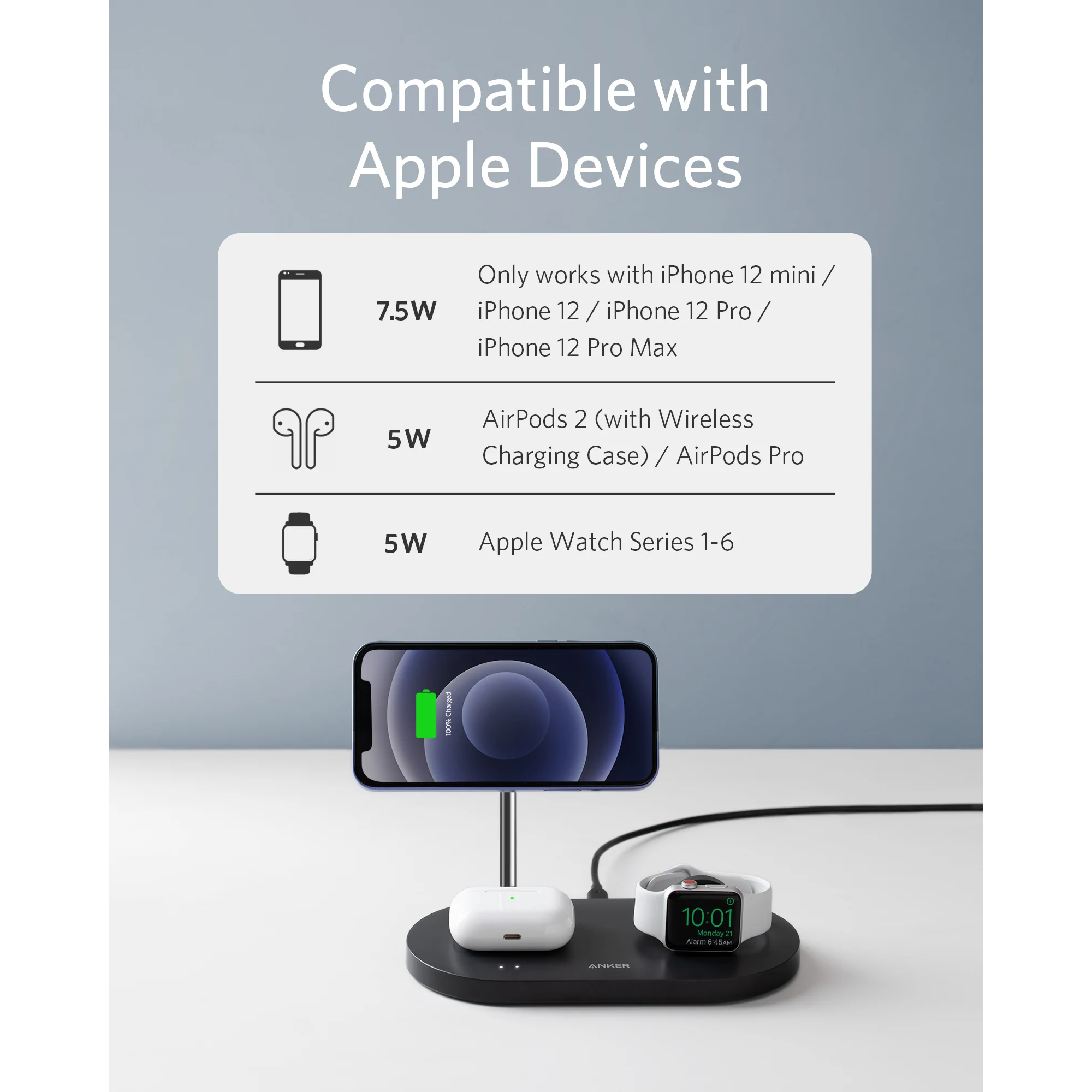 Anker 533 Estación de Carga MagSafe Inalámbrica 3 en 1 para iPhone 12/13 Series, AirPods Pro y Apple Watch 1 a 6 (cable del reloj no incluido)