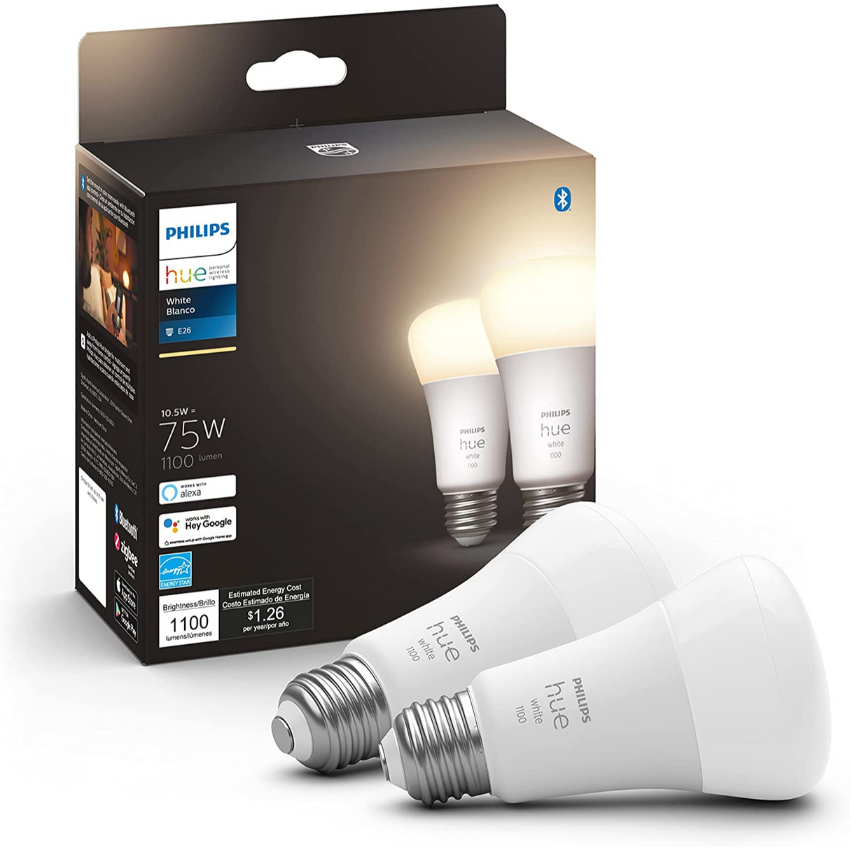 Philips Hue 2-Pack White A19 1100 Lúmenes Bluetooth & Zigbee (Hue Hub Opcional) Funciona con Alexa y Google