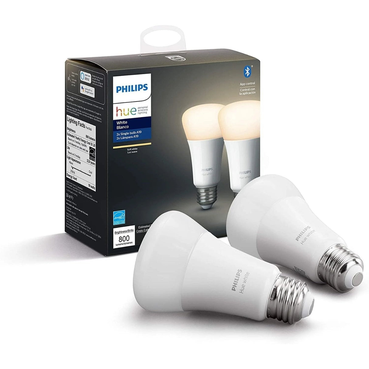 Philips Hue White Blanco Pack 2 Focos A19 LED Inteligente, Bluetooth & Zigbee Funciona con Alexa & Google Assistant - TecnoMarket