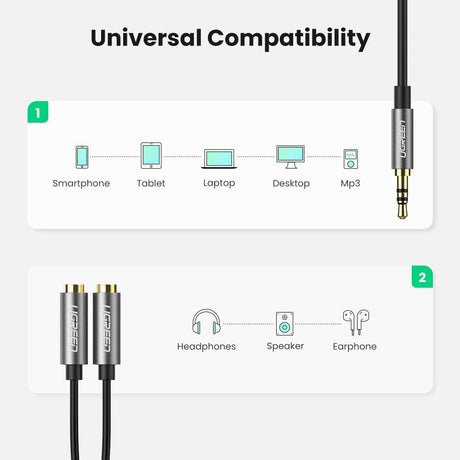 UGREEN 3.5mm Cable Divisor Auriculares, Splitter Macho a 2 Hembras, Adaptador para Doble Auriculares, Carcasa Alumino, 20cm - TecnoMarket